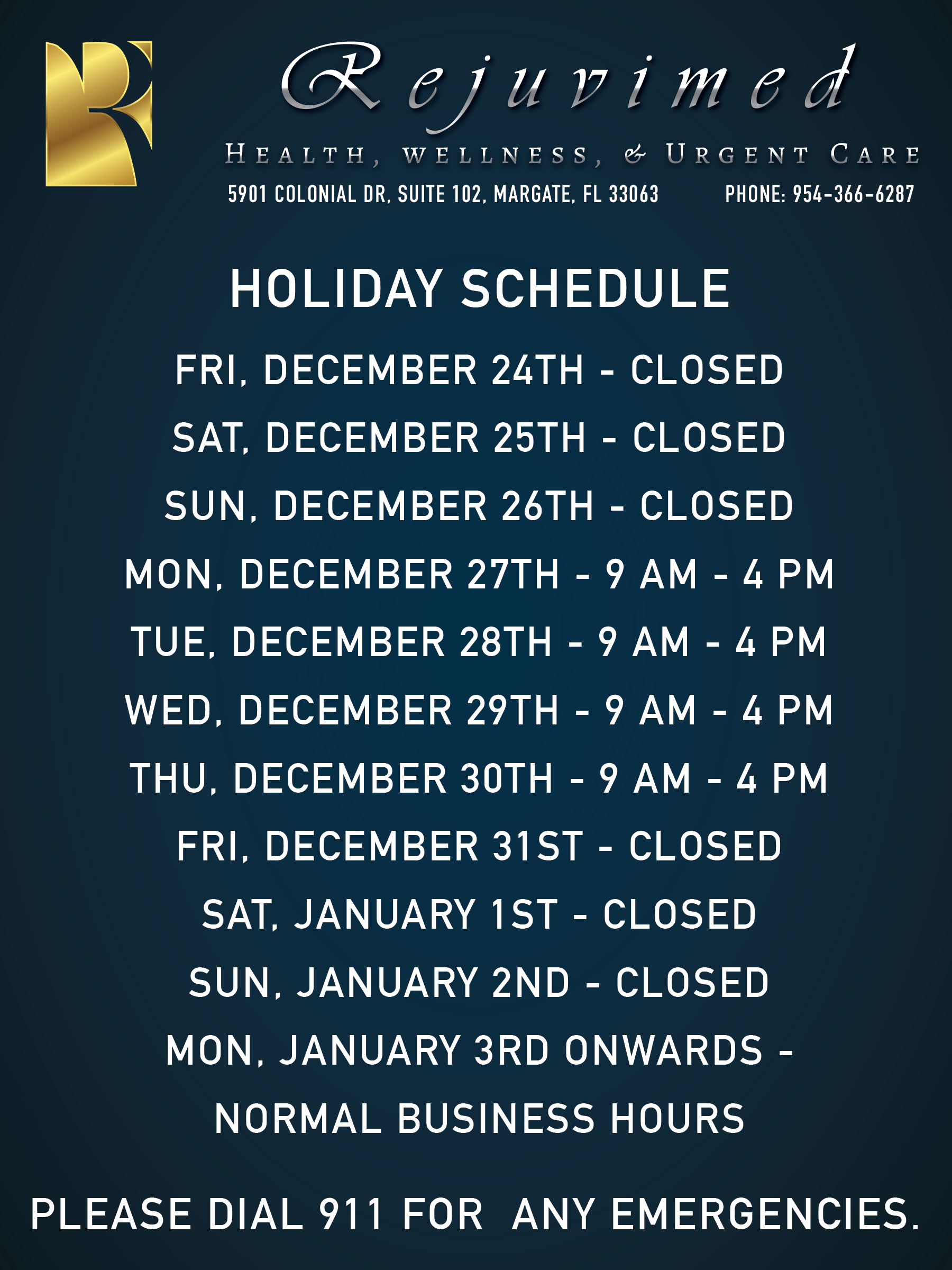 Rejuvimed Holiday Schedule 2021